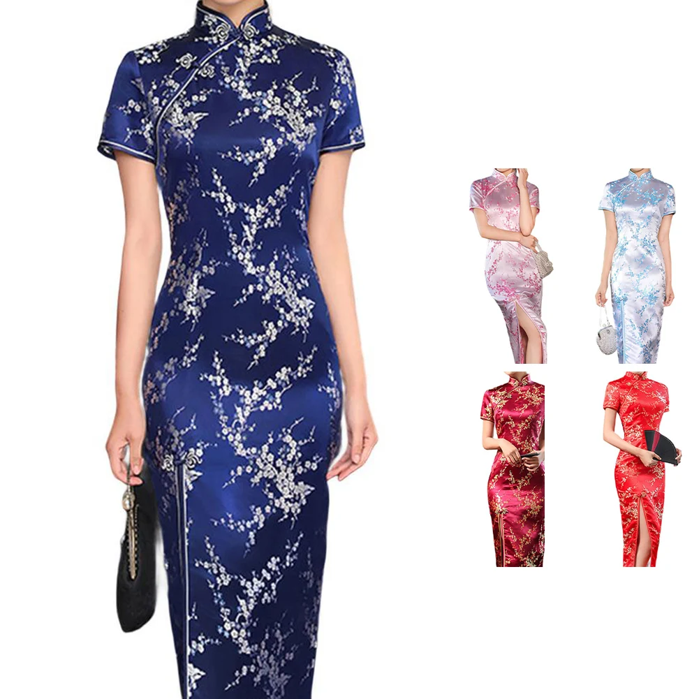 

Женское традиционное китайское длинное платье Cheongsam с принтом, женские платья с разрезом, тонкие платья с воротником-стойкой, винтажные
