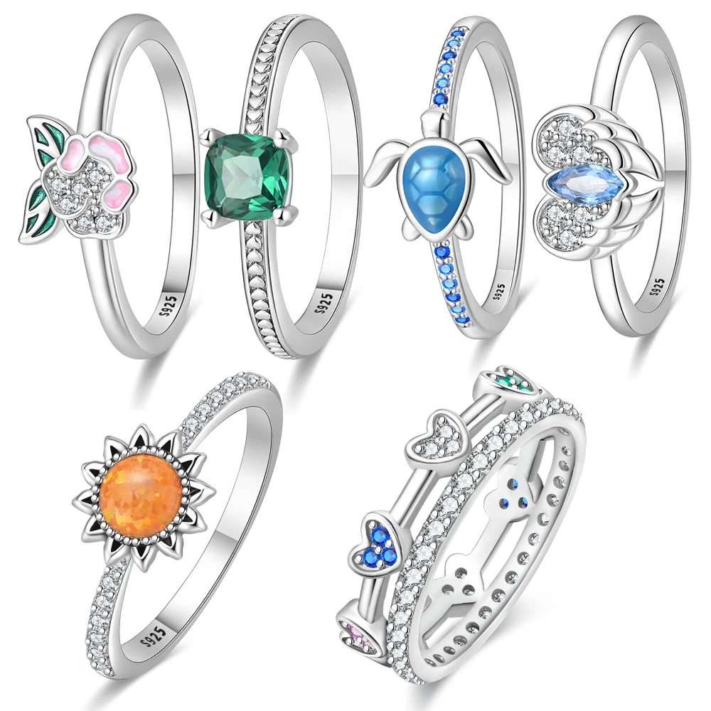 

Affordable luxury 925 Sterling Silver Emerald&Blue Heart Feather&Iris&Turtle&Sunflower Ring