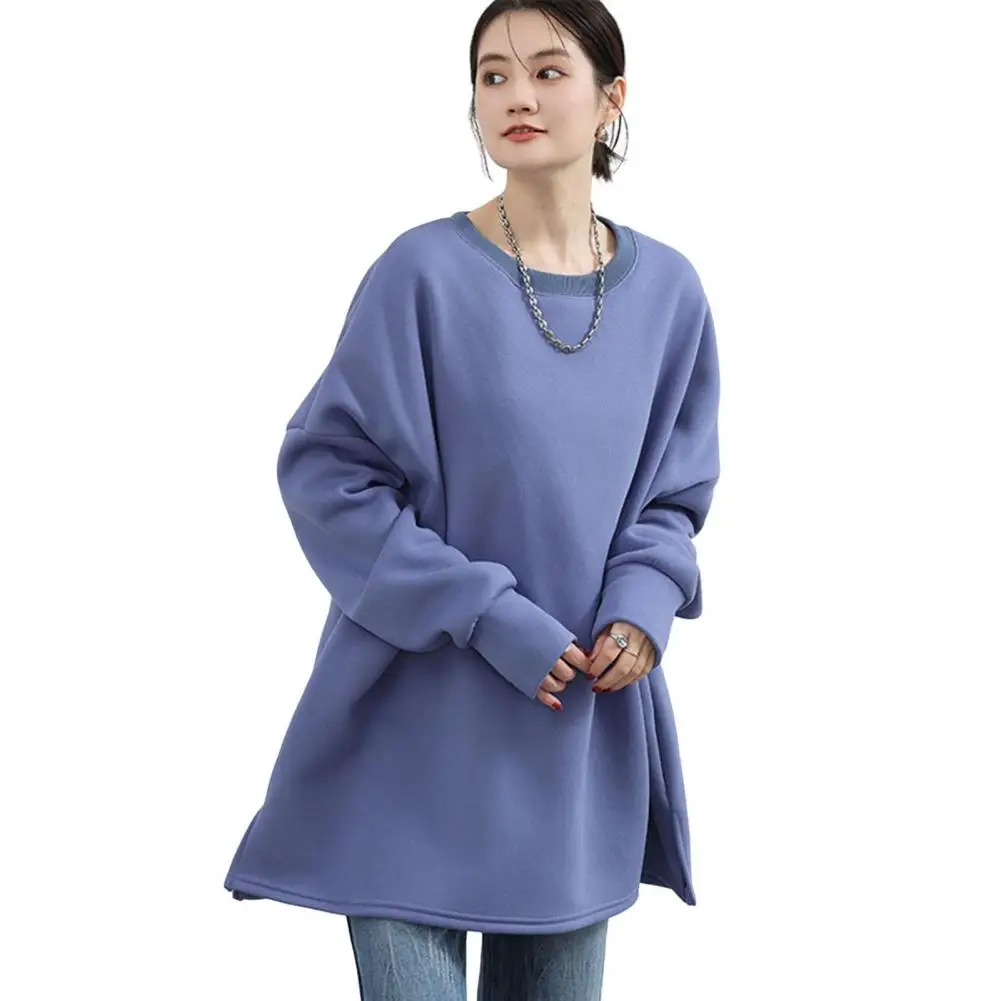 Loose Women Fall Winter Sweatshirt Thick Slit Hem Plush Elastic Cuffs Mid Length Pure Color Pullover Sweatshirt Top