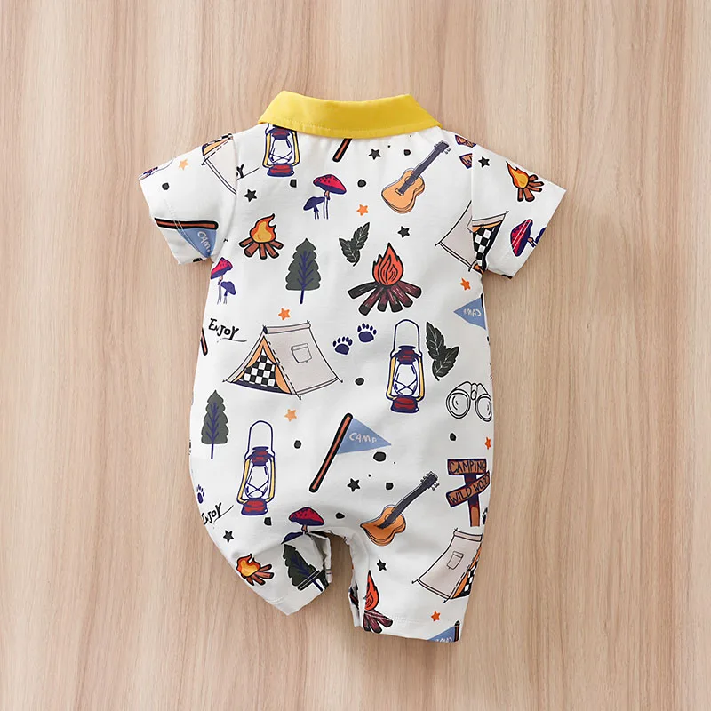 0-24M Baby Boys Summer Romper Short Sleeve Campfire Tent Lantern Print Cotton Lapel Bodysuit Newborn Outdoor Outfit