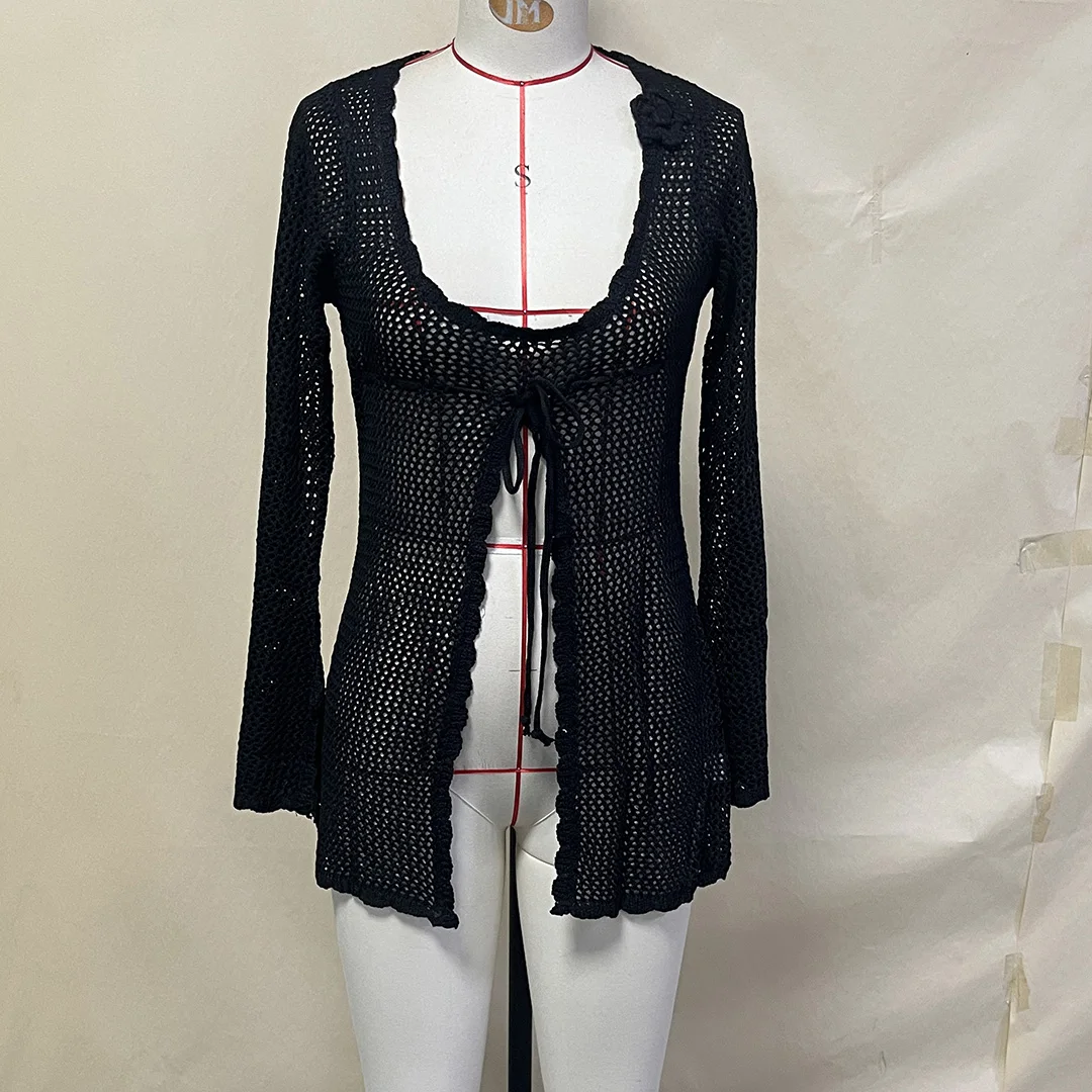 Sexy Langarm-Tunika mit Aushöhlungen, gehäkelt, gestrickt, Strand-Cover-up, Strandkleid, Strandmode, Damen, V5525 – Detail 8