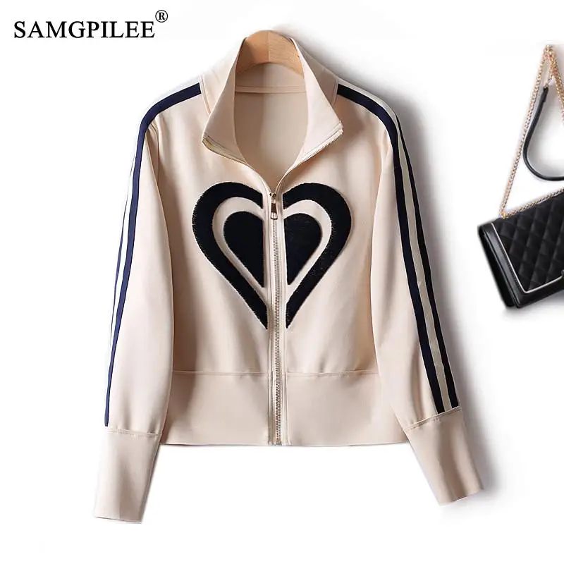 

Sports Style Short Jacket Women European Peach Heart Pattern Stand Collar Zipper Sweater 2022 Autumn Casual Female Clothing 4XL