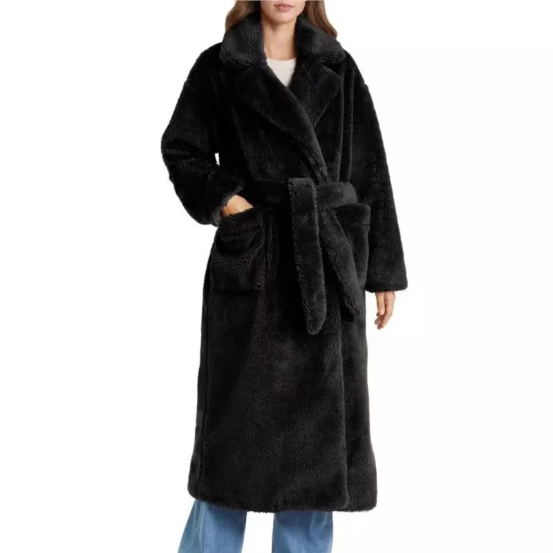 2025 여성용 푹신한 탑 코트, 두꺼운 인조 시어링 코트, 단색 긴팔 겨울 아우터, 보온 안감 롱 코트