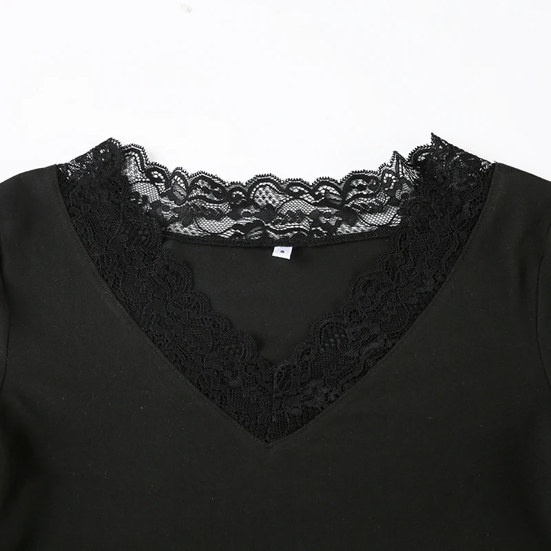SUCHCUTE Spitzen-Patchwork Schwarzes Figurbetontes Elegantes T-Shirt Langarm V-Ausschnitt Damen-Oberteil Y2K Pullover Modische Kleidung Frühling – Detail 5