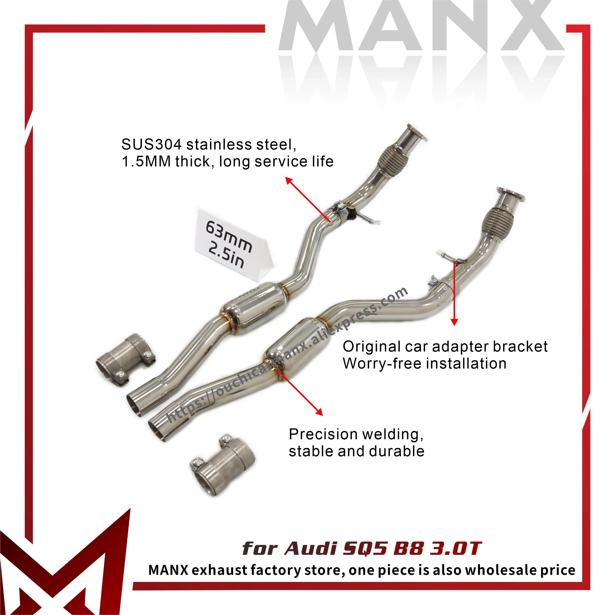 

﻿ MANX for Audi SQ5 B8 3.0T Middle pipe Stainless steel Lossless installation Exact Fit Increase pipe diameter Exhaust system