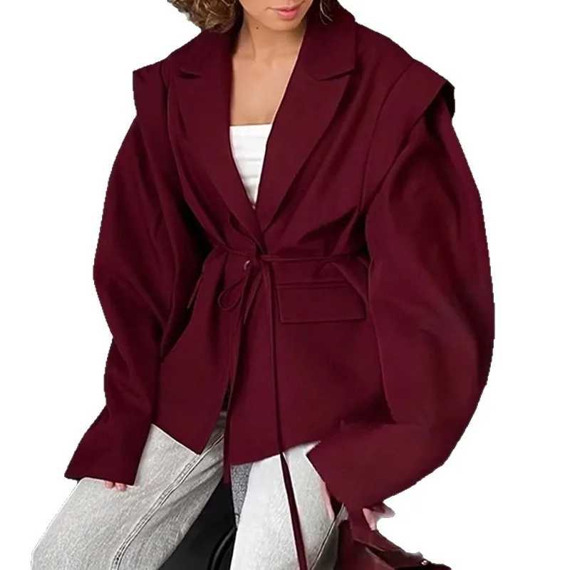 New Cross-border Fashion V-neck Coat Women in Autumn and Winter with A Cinched Waist and Slimming Effect Loose Versatile Lace-up