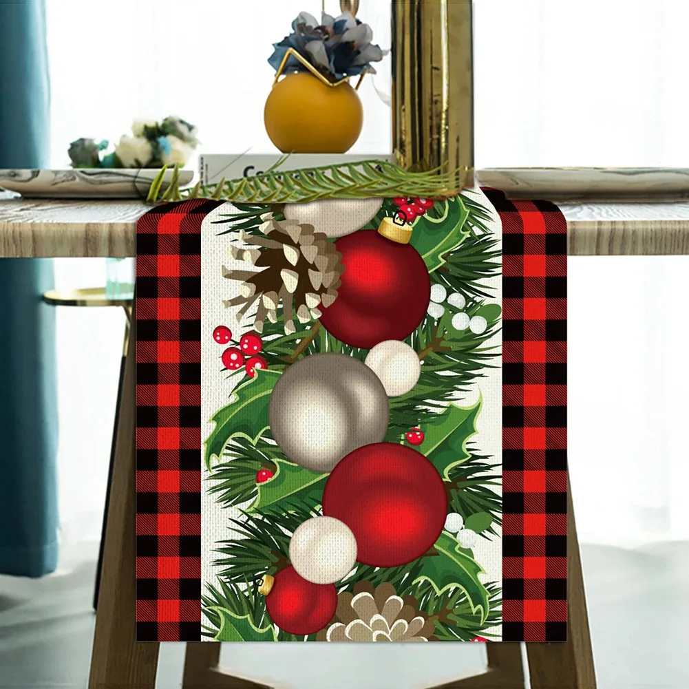 Camino de mesa navideño a cuadros rojos y negros de lino, Decoración de mesa navideña de temporada de invierno, 72 pulgadas de largo