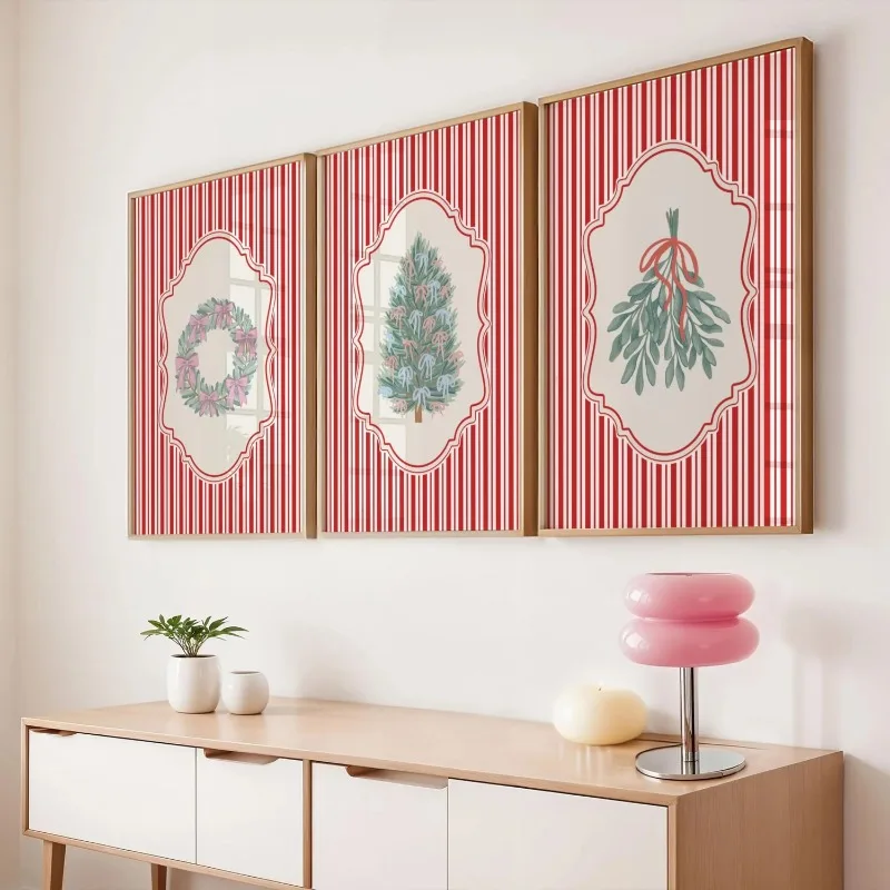 Retro Red Stripe Christmas 3 Pcs Canvas Wall Art, Wreath Xmas Tree Mistletoe Prints Preppy Holiday Living Room Decor Unframed