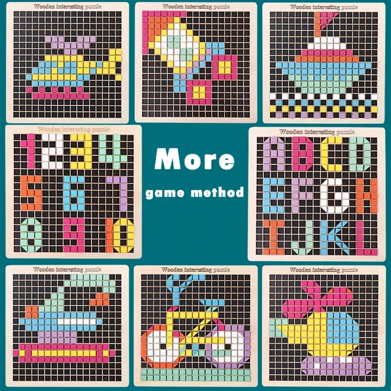 Kids Wooden Geometry Jigsaw Tangram Pixel Blocks Puzzle Toy Montessori Early Education Wooden Game Toys for Children