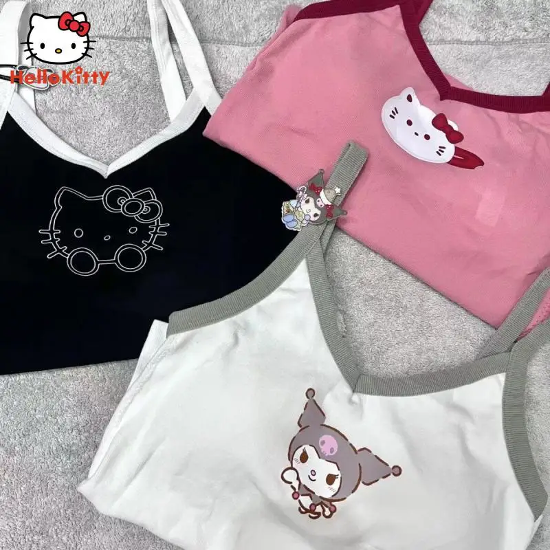 Y 2K Kawaii Girly Sling Vest Anime Cartoon Hellokitty Kuromi Ondergoed Zomer Tops Vakantie Strandkleding Met Borst Pad Japans