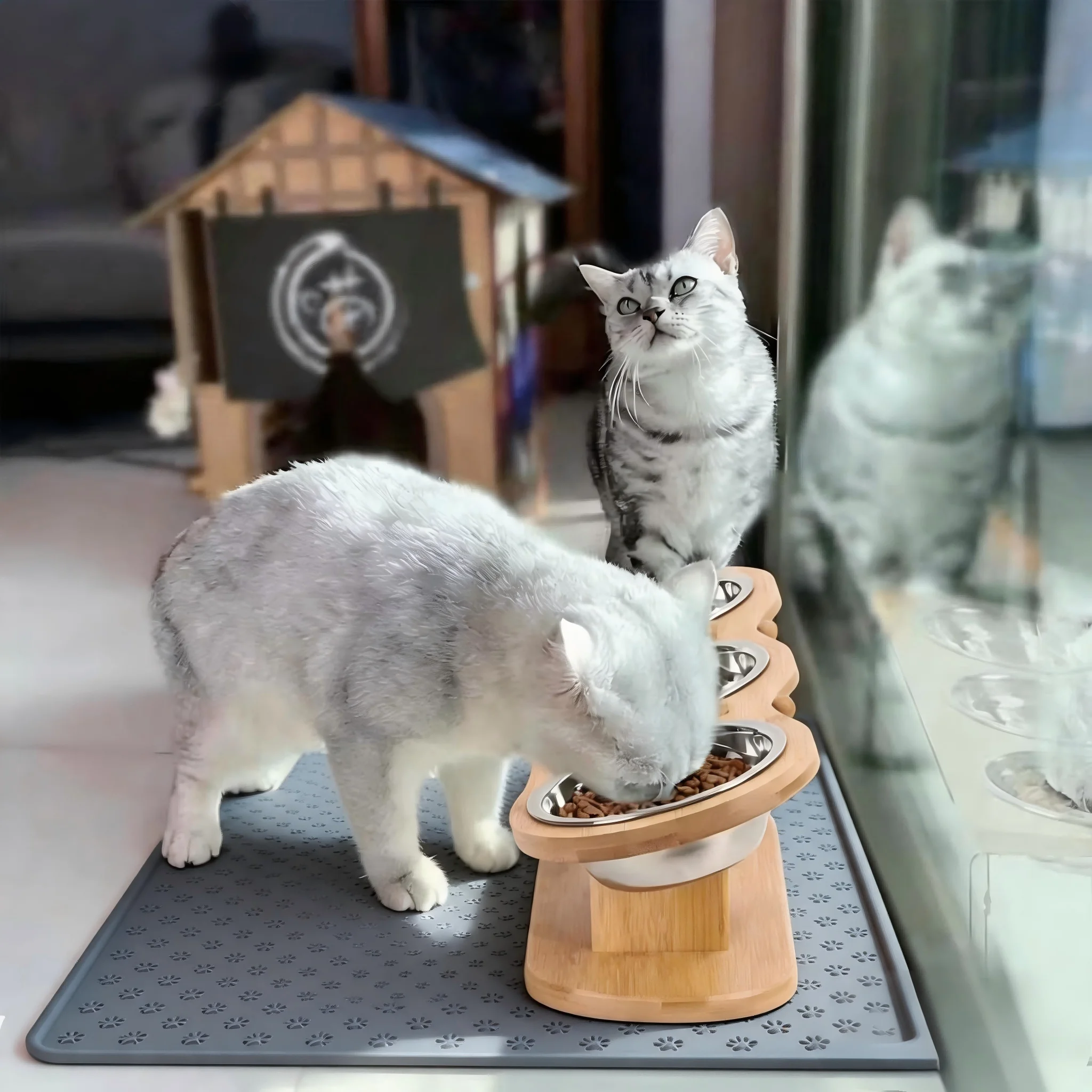 Cat 3 Bowls in 1 Raised Feeder with Silicone Food Mat 15-Degree Tilt Elevated Wood Stand 3 Stainless Steel Bowls Puppy Cat Feeding Watering Supplies