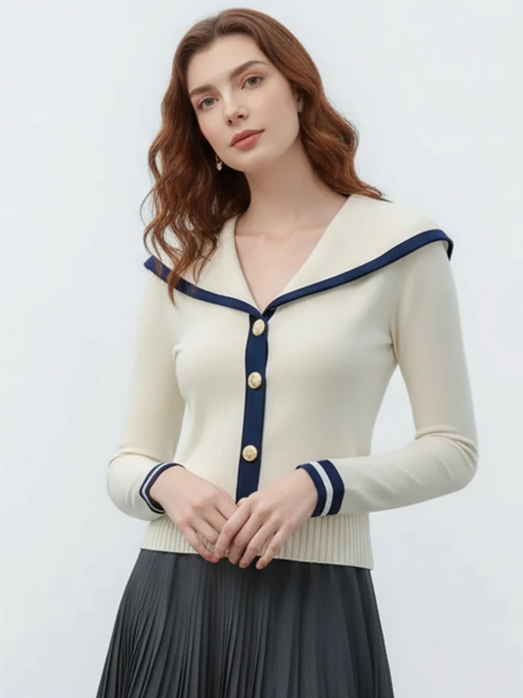 سترة محبوكة بأكمام طويلة وياقة بحار على الموضة لخريف 2025 سترة غير رسمية أنيقة للشتاء على الطراز الكوري تريكو #3