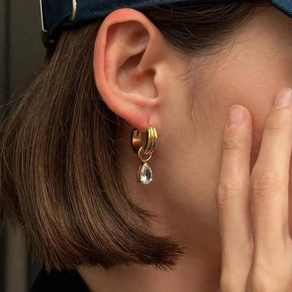 

KunJoe Simple Classic PVD18K Gold Color Plated White Zircon Pendant Earring Hypoallergenic Stainless Steel Ear Clip Jewelry Gift