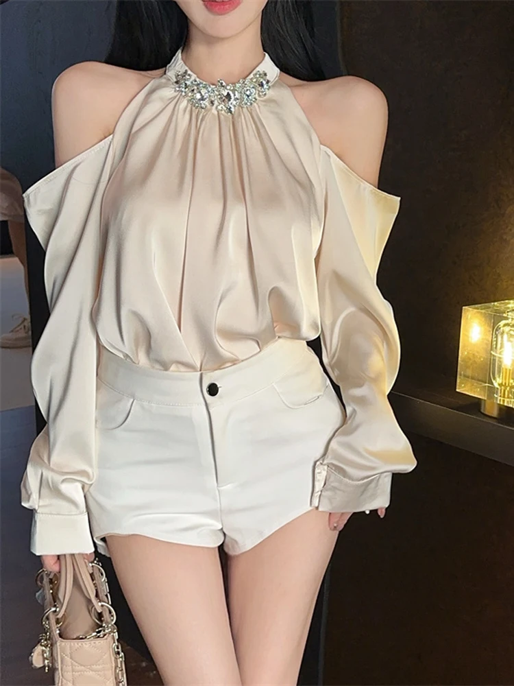 Korea Autumn Women Diamonds Stand Collor Chiffon Loose Blouse Spring Fashion Off Shoulder Long-sleeved Casual Chic Shirt Tops