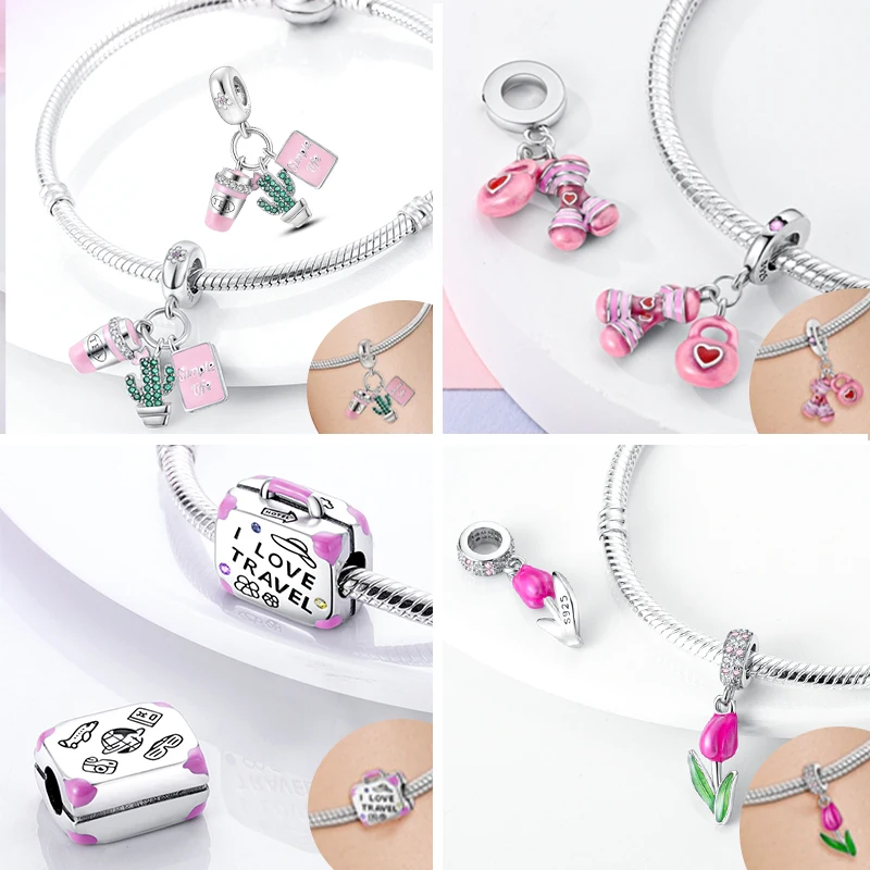 New IN 925 Sterling Silver Charms Beads Love Heart Pink Charm Bead Pendant Fit Original Bracelets DIY Jewelry Women Gift