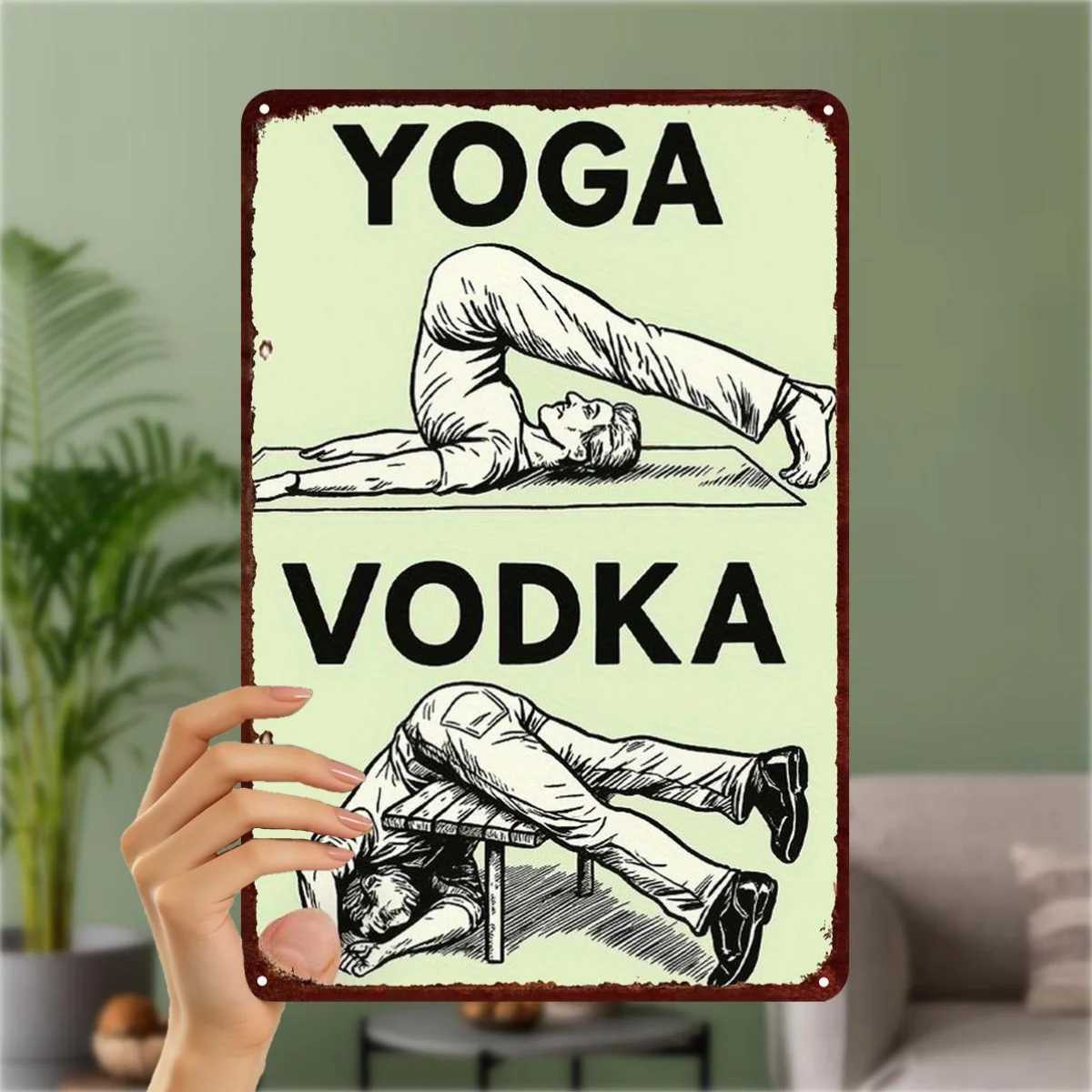 Letrero Metálico Vintage con la Frase 'Yoga vs Vodka Humor', Decoración Retro de Pared para Bar, Hogar y Cuarto de Hombre, Placa Divertida con Temática de Bebidas y Fitness