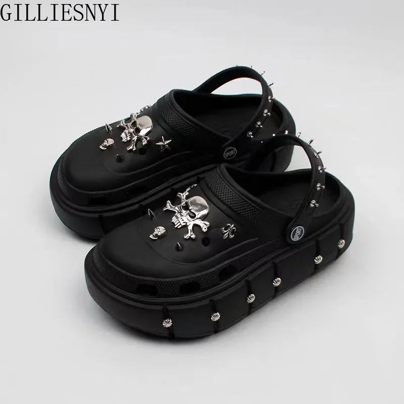 Women Summer Thick Sole Retro Fashion Rivet Hole Shoes Punk Goth Skull Metal Charms Platform Slippers EVA Sandals Ladies Slides