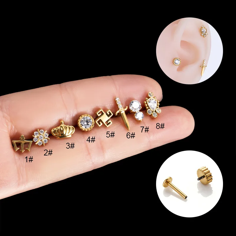 

1PC G23/F136 Titanium Lip Piercing Jewelry Flat Back Internally Threaded Cubic Zirconia Spiral Labret Cartilage Piercing Earring