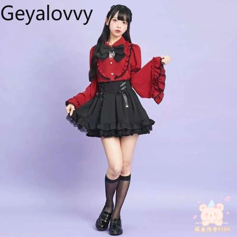 SC japonés otoño nueva manga larga estilo gótico Lolita camisa de Color sólido dulce linda blusa para niñas versátil Top producido en masa