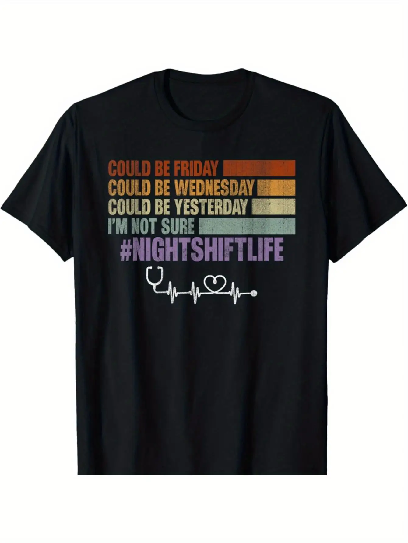 Men's Fun Night Shift Nurse T-Shirt with ECG and Stethoscope Appliques - Medical Slogan, Loose Fit T-Shirt, Suitable for Healthcare Workers, Machine Washable Night Shift Nurse Uniform, Available in Youth and Adult Sizes