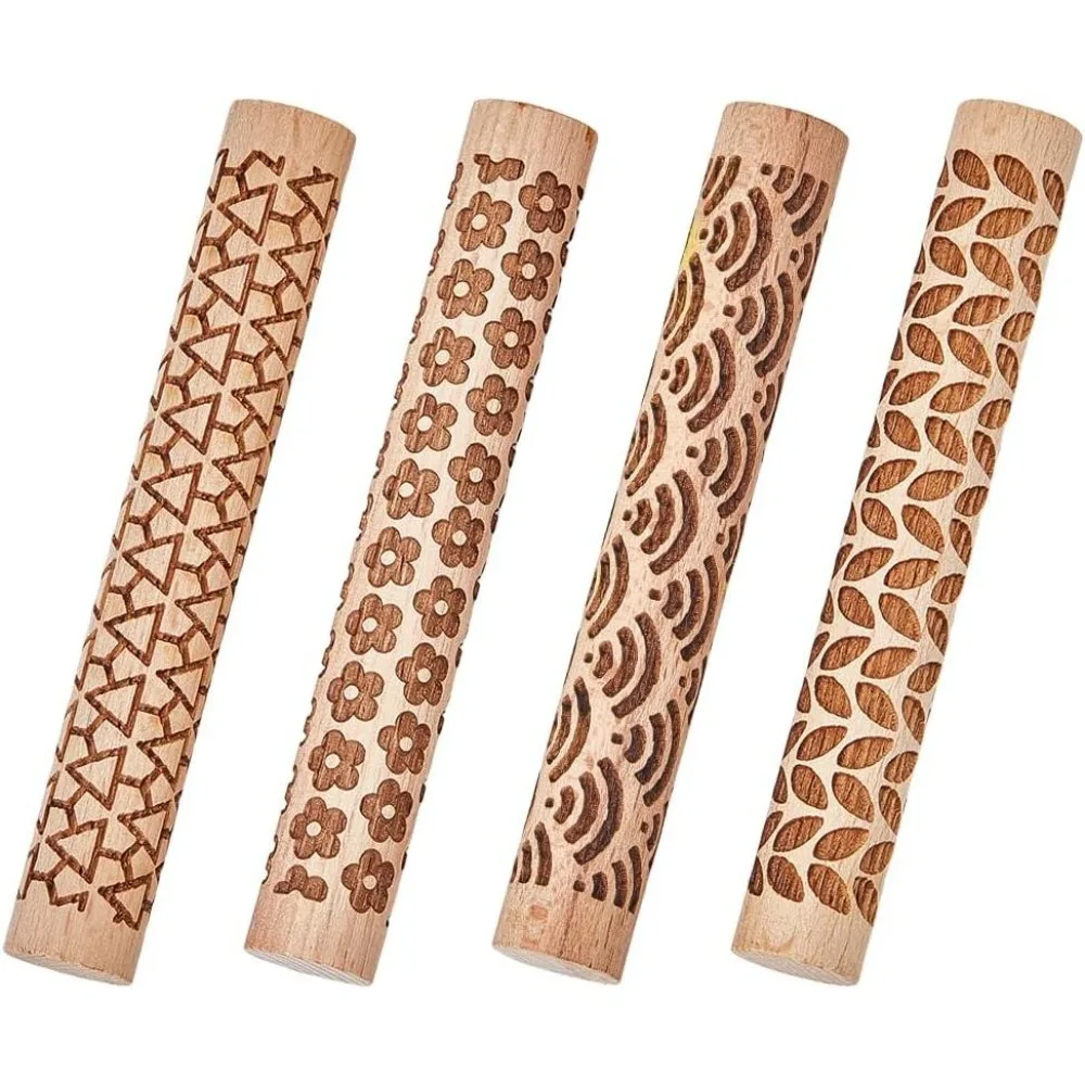 Set of 4 Clay Modeling Pattern Rollers Kit 3 Style Flower Sea Wave Leave Triangle Textured Rolling Pins Potters Stamp Roller