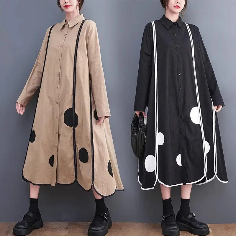 

Fashion Design Women Clothing 2023 Autumn Korean Edition New Loose Large Size Print Mid Length Art Retro Dress Dot Robes Z2697