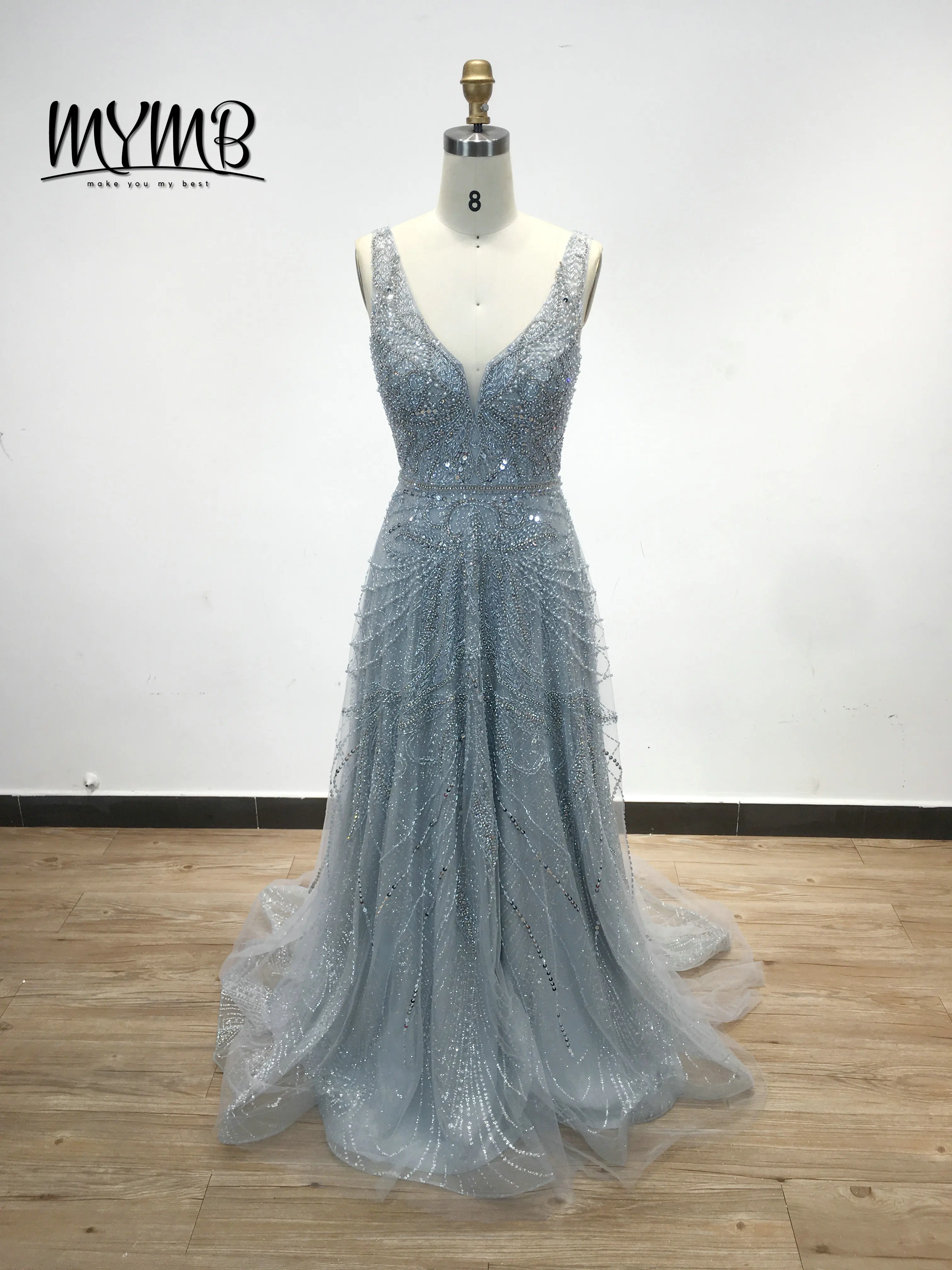 

MYMB Luxury Sleeveless Handmade Beading Evening Dresses V Neck a Line Elegant Long Women's Dress Plus Size Prom Dress DSQL62284