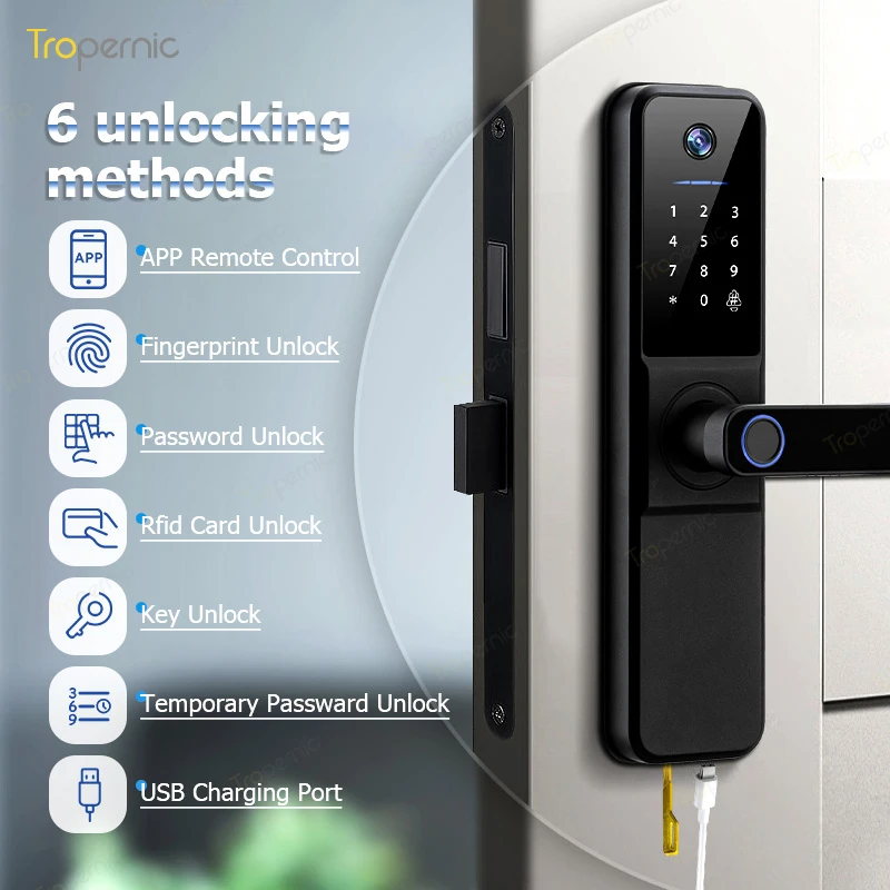 Tuya Electronic Fingerprint Security Door Viewer, Câmera, Tiragem de Fotos, 8 Idiomas, 5 Desbloquear, WiFi, Dígito Door Lock