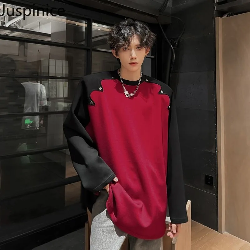 

Juspinice Fashion Black and Red Patchwork Hoodie Men's Korean Version Design Sense Niche Loose Long Sleeved T-shirt