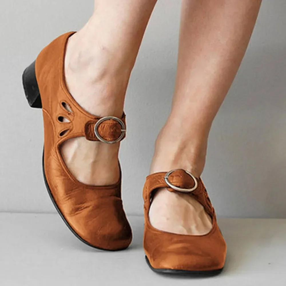 Chunky Heel Women  Shoes Low Heel Strap Pumps Soft Leather Sweet 2025 New Spring Women Shoes Walking Comfy Big Size image 6