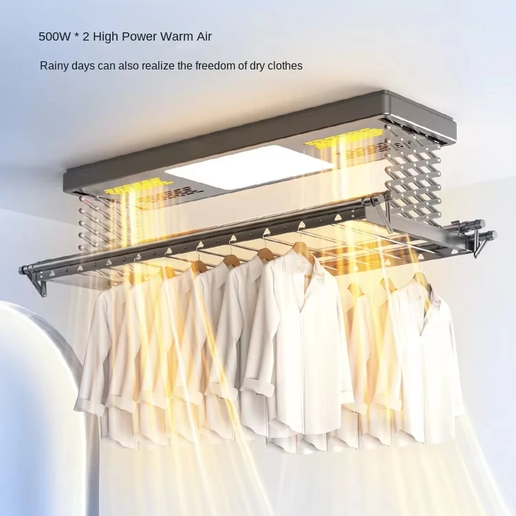 Ceiling-Mounted LED Automatic Clothes Drying Rack with Fan Motorized Foldable Hanger