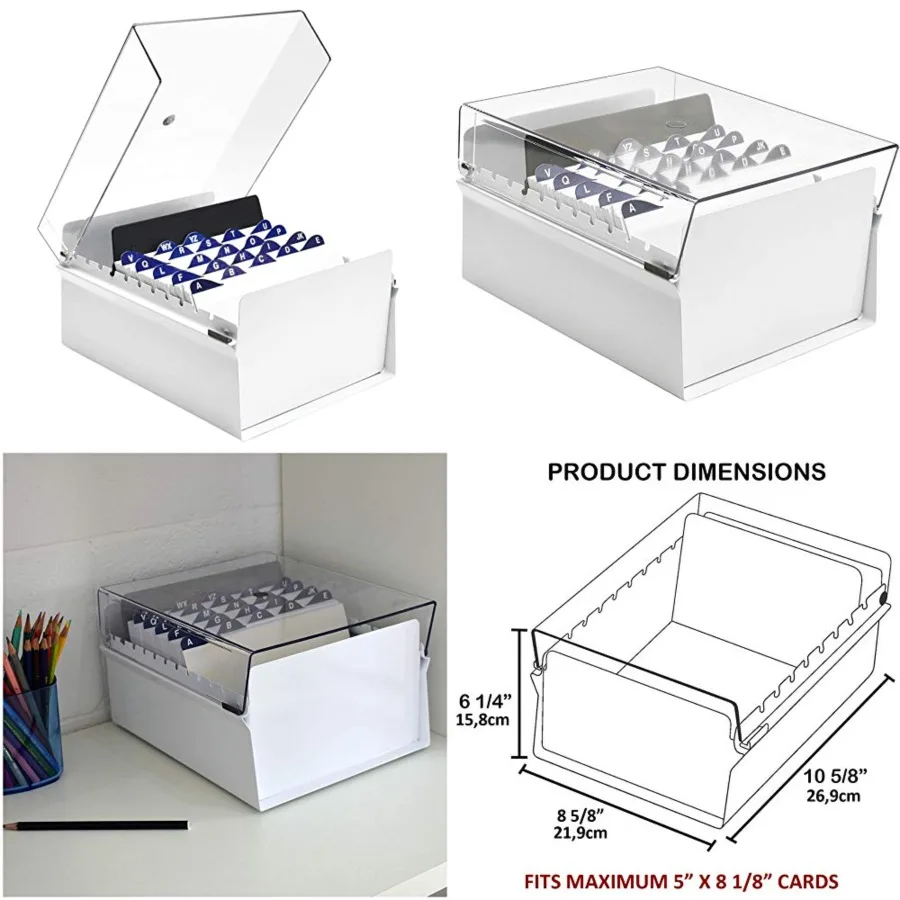 

5 X 8 Card File Holder Organizer Box Metal Base Heavy Duty AZ Index Cards and Divider Included (White Color with Clear Crystal