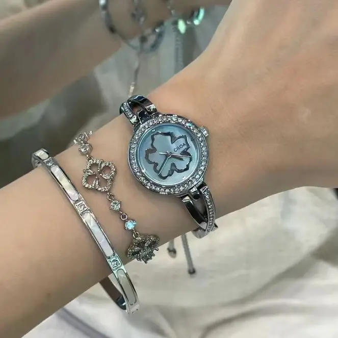 CILOA-Elegant Ladies Bangle Watch Blue Shell Four Leaf Clover Dial Full Rhinestone Bezel Silver Women Quartz Wristwatch-0658