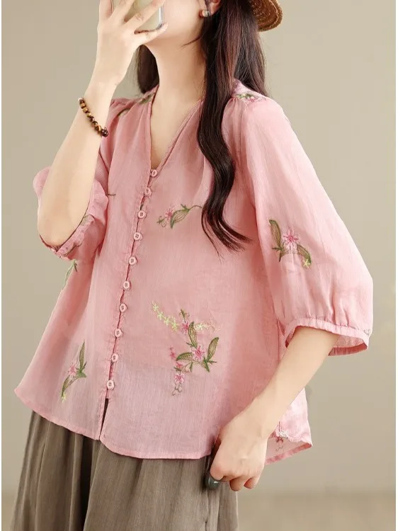 

Новый китайский тонкий повседневный кардиган с вышивкой, большой размер, женский кардиган с одной пуговицей V-Ne, длина пять свечей, открытый топ...