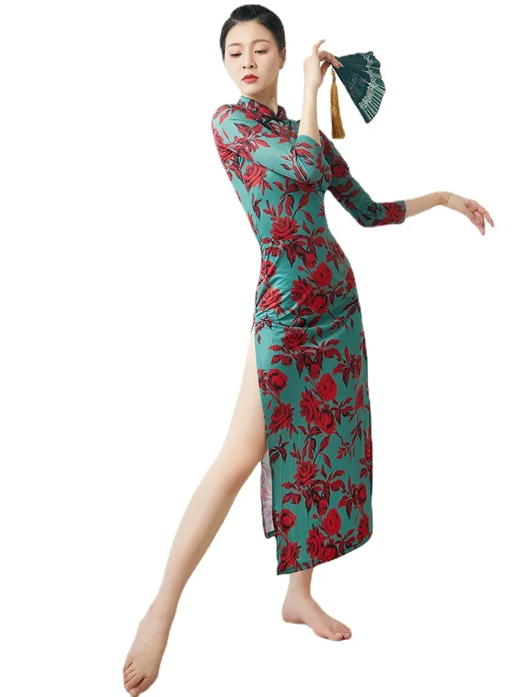 

Classical Dance Stretch Printed Cheongsam Dance Costume Chinese Classic Dance Exercise Clothing Ethnic Performance Wear Women