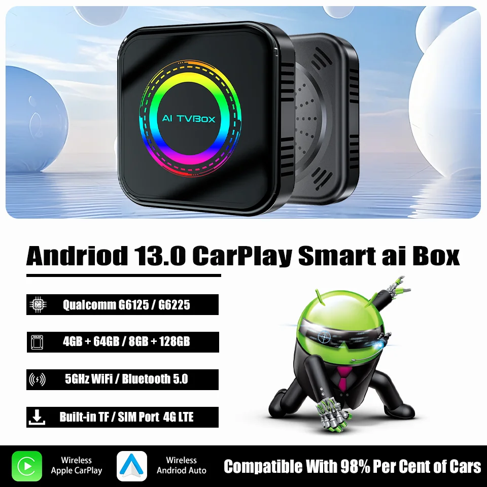 

New Android 13 Ai Box Qualcomm 8 Core 64G 128G Android Auto & Apple CarPlay 3In1 Car Smart Led Multimedia Box 4G LTE Plug & Play