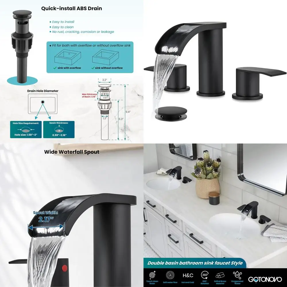 

8 Inch Widespread Matte Black Bathroom Sink Faucet Set with 3 Holes, 2 Handles, Pop-Up Drain & Water Lines