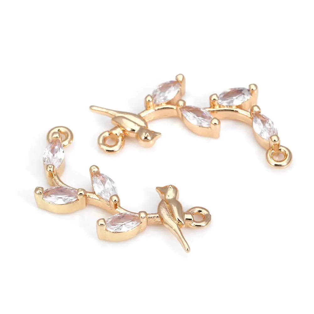 10PCS 18K Gold Color Brass and Zircon 2 Holes Branches and Bird Connect Charms Pendants Diy Jewelry Making Necklace Accessories