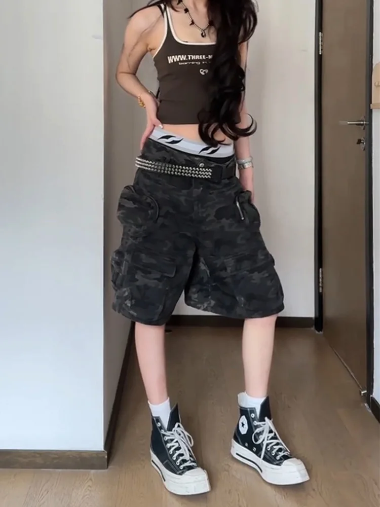 American style retro design multi pocket cargo pants women summer 2025 spicy girl hip-hop camouflage five quarter pants