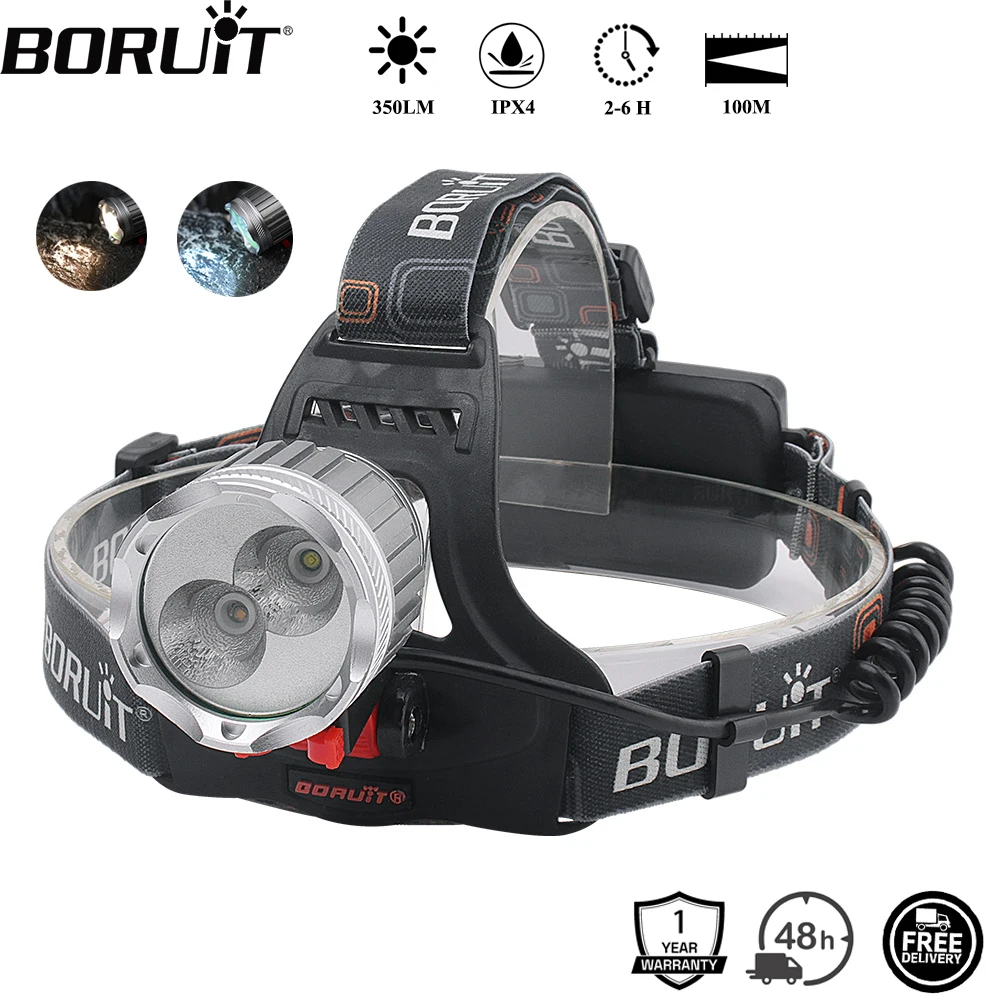 BORUiT 1188C Dual LED Headlamp DC Rechargeable 3-Mode Yellow Light Headlight Waterproof Camping Fishing Head Torch