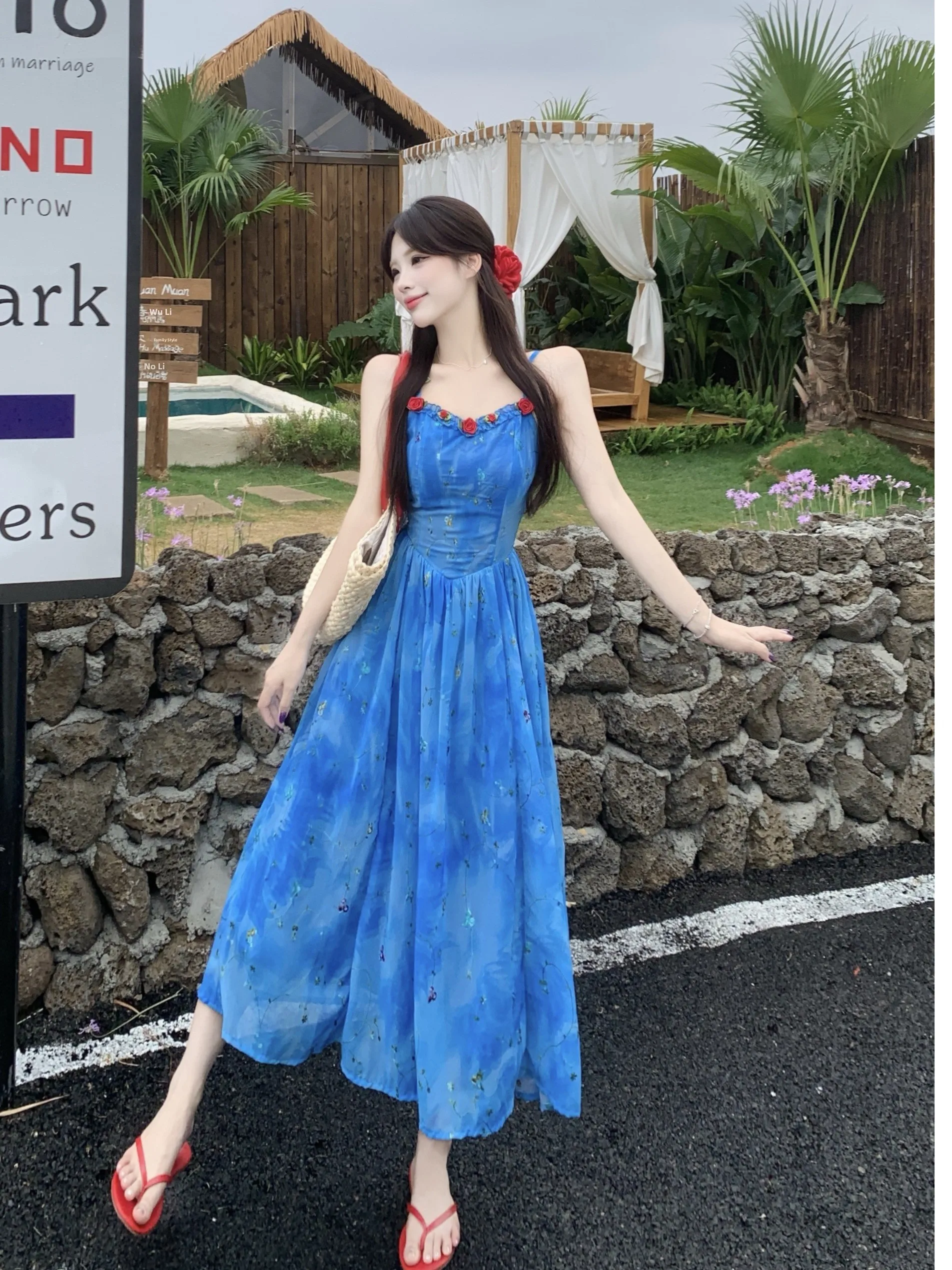 

plus Size Women's Gown with Soft Embroidery Square Collar Floral Strap Long Summer Dr Slimming Waist High Waist A-Line Skirt