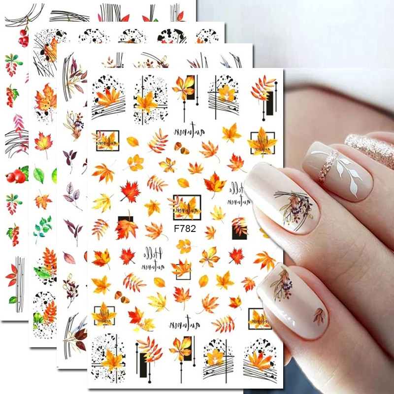 

Nail Art Decals Geometric Lines Autumn Maples Dry Leafs Fruits Adhesive Sliders Nail Stickers Decoration For Nail Tips Beauty