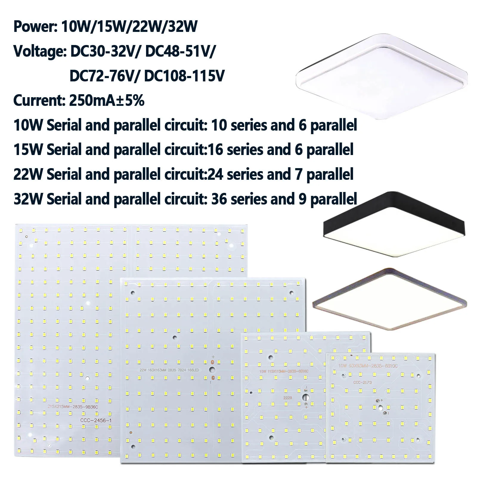 LED DC30-32V DC48-51V DC72-76 DC108-115V Luce di pannello 250mA Lampada a LED Perlina Diodo Bianco freddo LED Quadrato Soffitto Scheda lampada