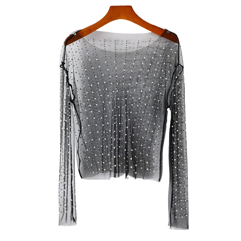 Damen Strass-Transparent-Netz-Top Funkelndes Perlen-Transparent-T-Shirt Bluse Sexy Clubwear Party Festival Rave Konzert Y2K Outfits – Detail 7