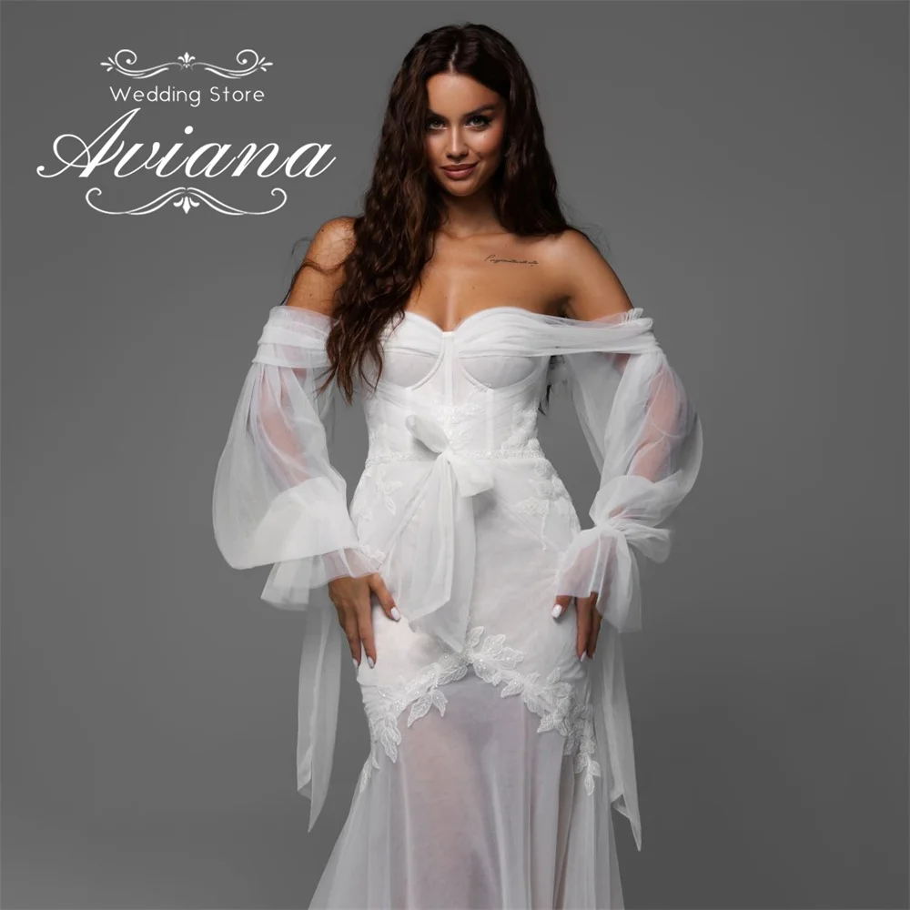 Aviana مخصص الحبيب حورية البحر فستان الزفاف القوس عارية الذراعين سويب تراين الجنية قبالة الكتف طول الأرض يزين الترتر