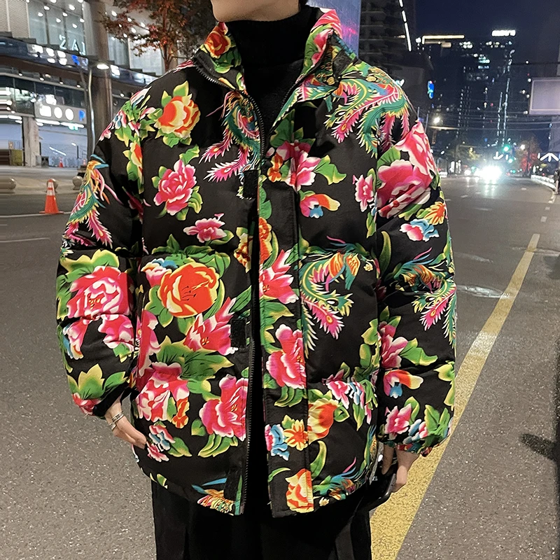 Men Harajuku Big Flopwer Coat Winter Jacket 2024 Mens Streetwear Hip Hop Parka Chinese Traditional Clothes Puffer Jackets XXXXXL