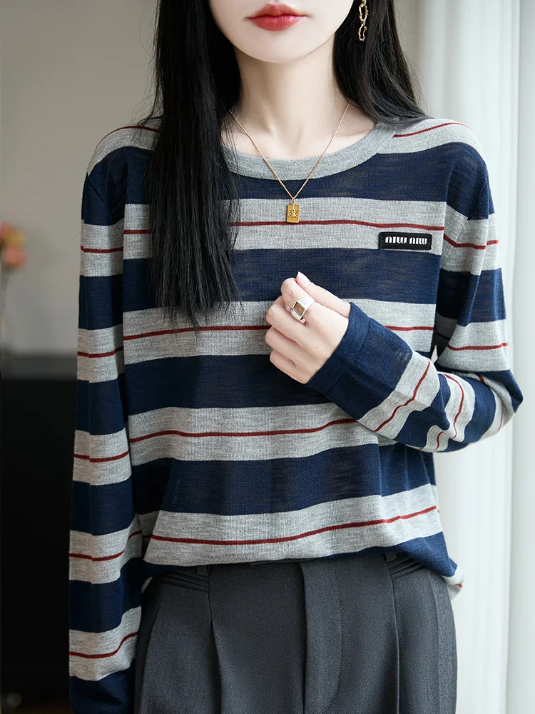 

Ранняя осень, женская свободная футболка в полоску с длинным светом, тонкий бамбуковый вискоза, базовый слой, трикотаж, верхняя одежда, повседневная одежда