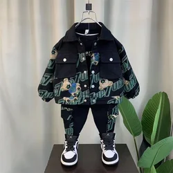 New Boutique Jeans Suit Spring Autumn Cartoon Letter Graffiti Coats+Pants 2PCS Kids Suit Baby Boy Korean Fashion Sport Clothes