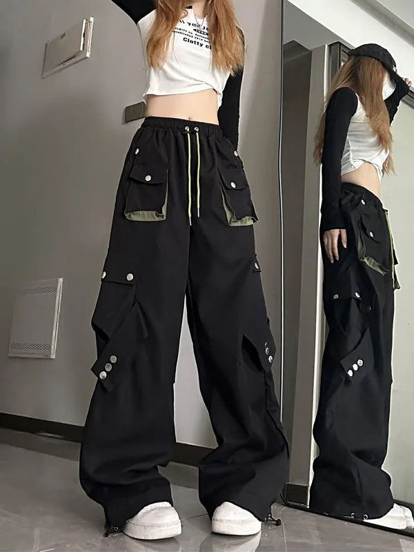 

Американские повседневные брюки в стиле High Street для женщин: свободные, прямые, широкие, длинные, с цветными вставками