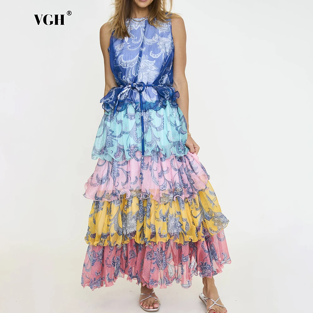 

VGH Designer Slimming Printing Hit Color Dresses For Women Round Neck Sleeveless High Waist Spliced Lace Up Folds Dress Female